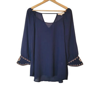 Sweet Journey Womens Blouse Top XL Blue Loose Sheer Long Sleeves Scoop Neck